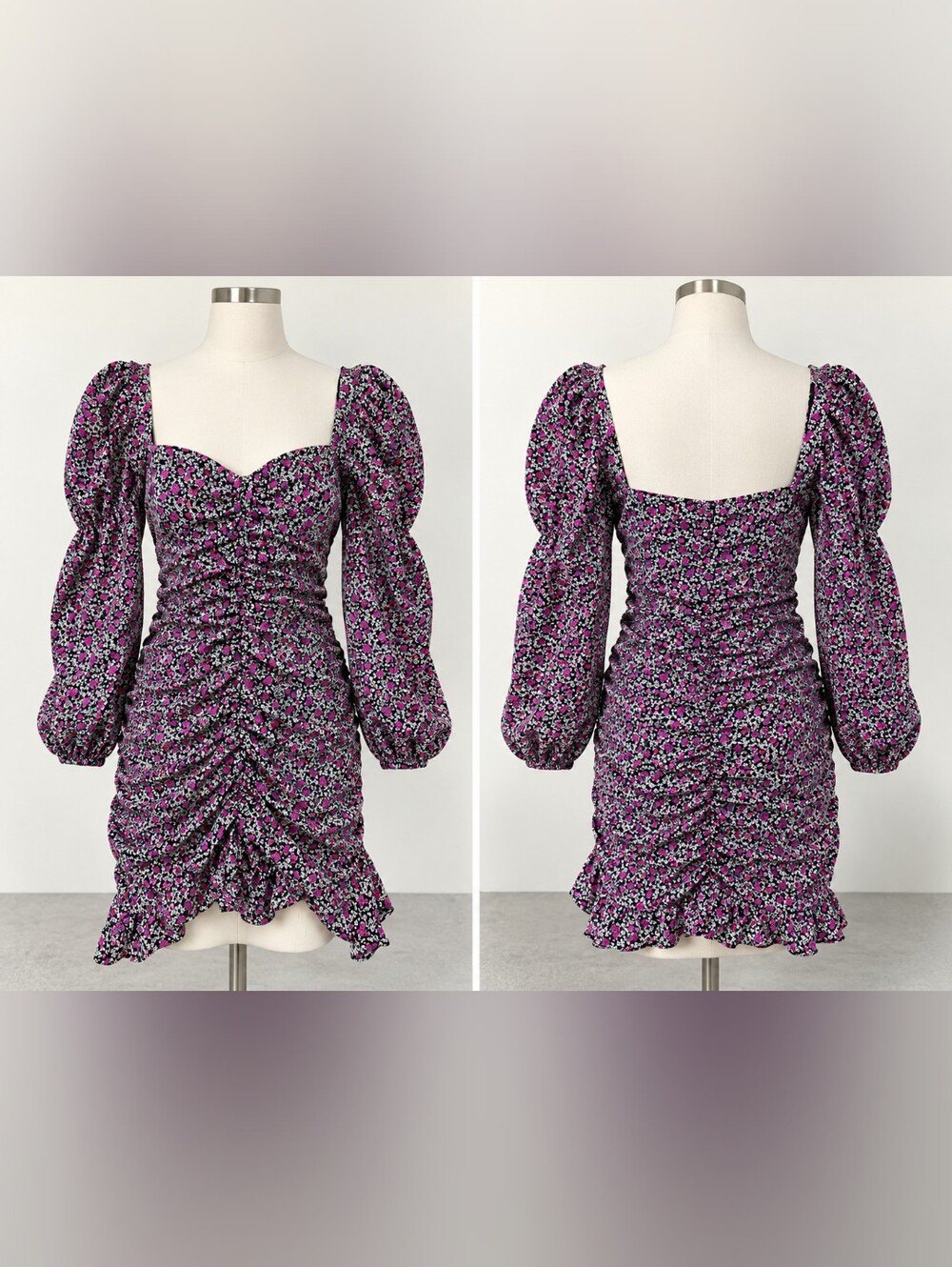 Floret Studios Floral Ruched Puff Sleeve Mini Dress Black Magenta M NWT